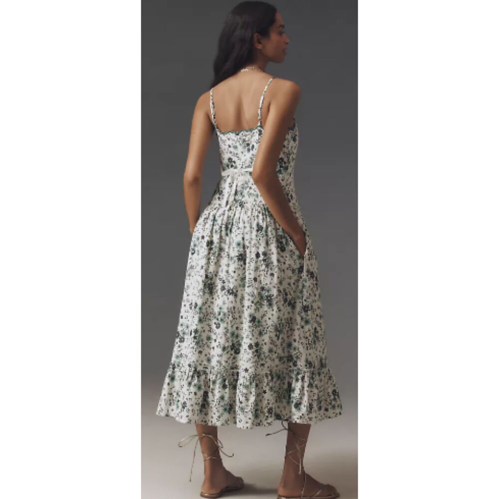 NEW Anthropologie DropvWaist Linen Blend Dress White Green Floral Size L - Picture 3 of 10